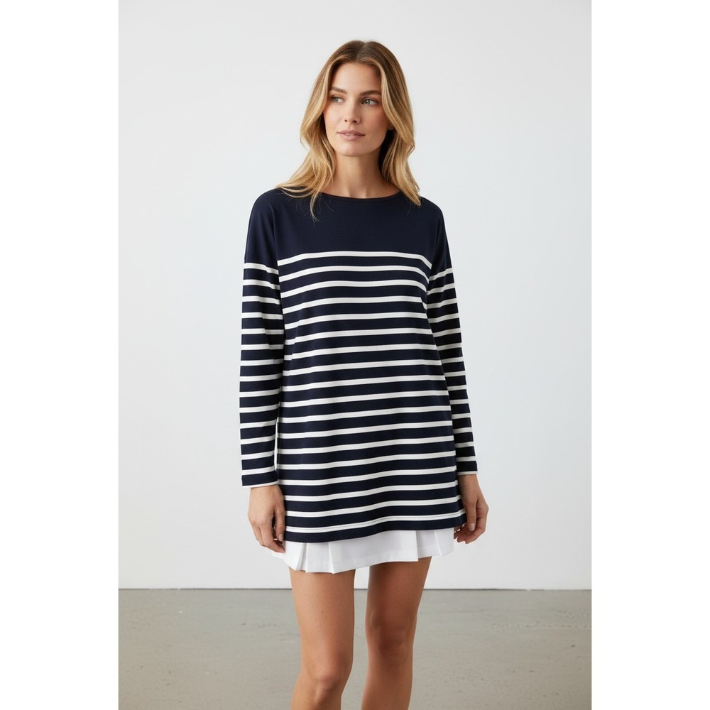 J Crew Blue White Striped Boat Neck Cotton Jersey Knit Nautical Tunic Top Sz M